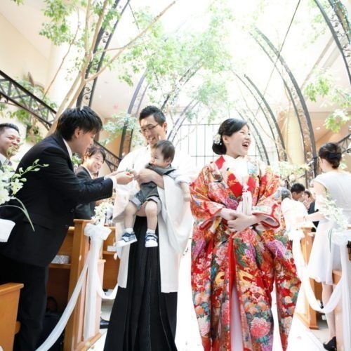 和装人前式で折鶴シャワー♪お子様も一緒で幸せいっぱい！